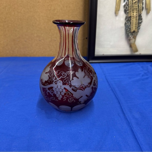 Vintage Ruby Red Bohemian Glass Vase with Grape Vine Design - Picture 1 of 10